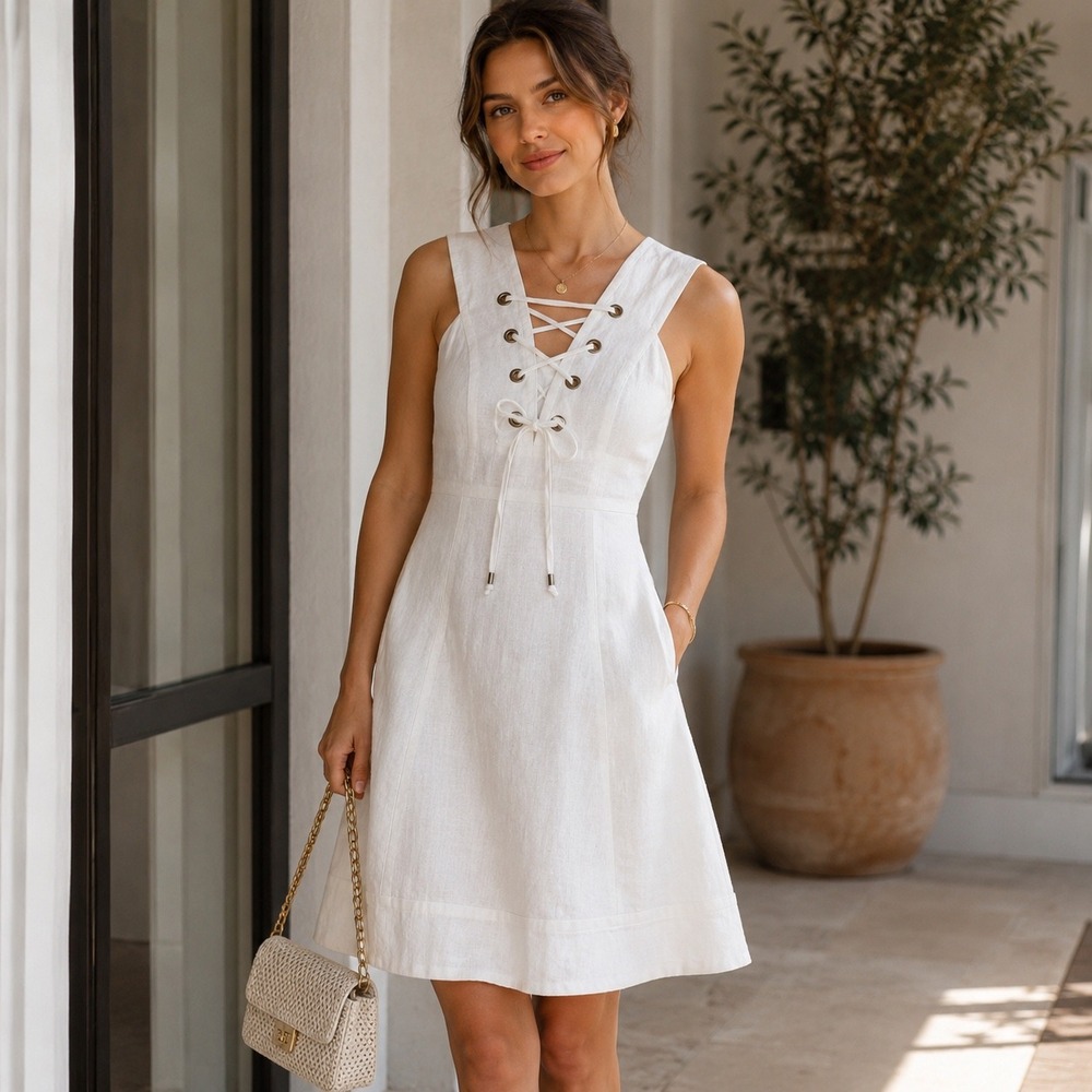 New J.Crew Lace Up Linen Dress Women 2 Cream Grommet Fit Flare Coastal Summer
